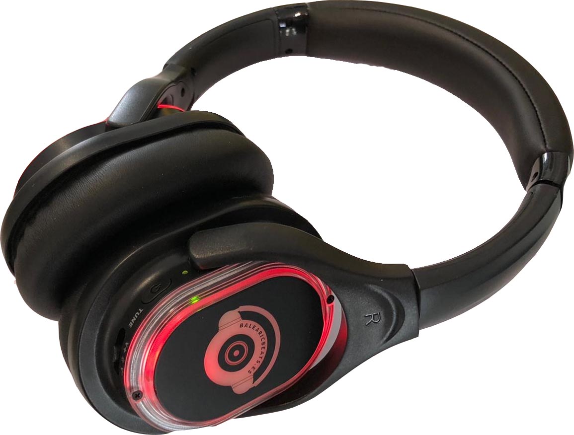 Balearic Beats silent disco headphones &mdash; black with red LED lighting
